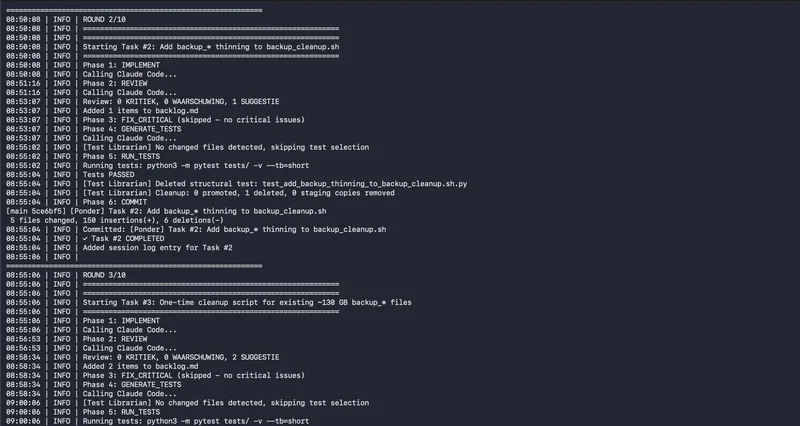 Ponder — terminal output met taakdecompositie en geautomatiseerde commits