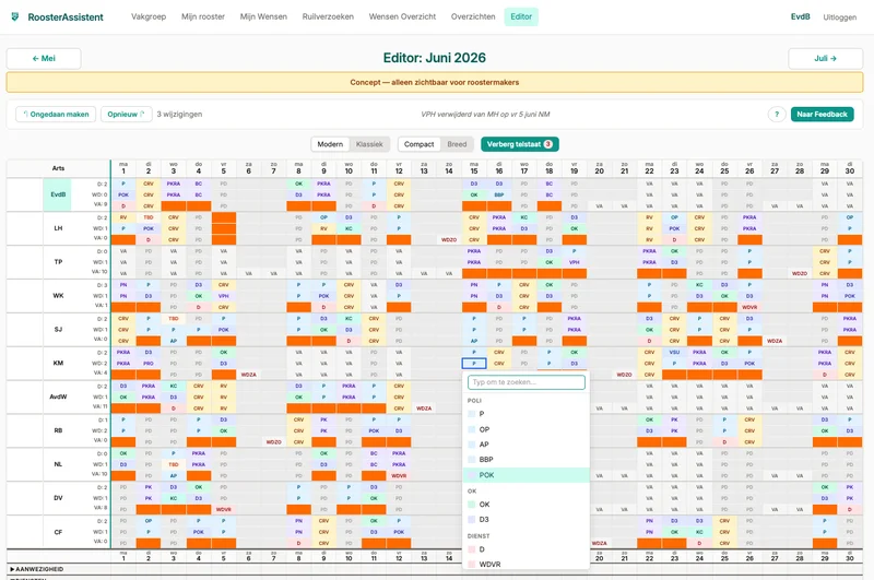 RoosterAssistent — dienstenplanning voor 11 artsen